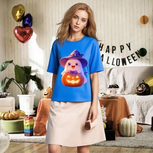 IRUD Halloween Shirts for Women - Pumpkin Ghost Wizard Hat Pattern Round Neck Short Sleeve - image 6