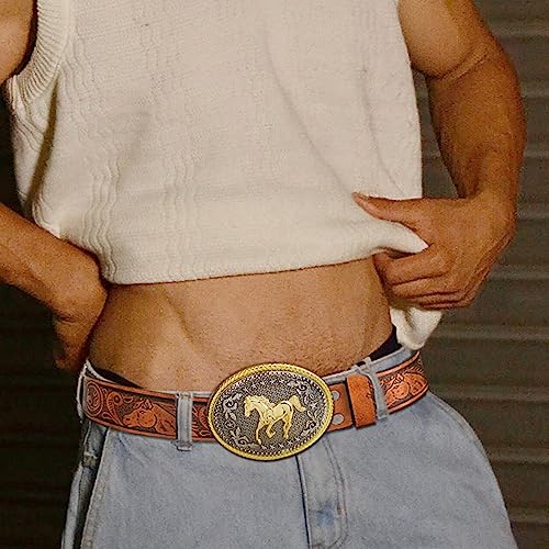 Cowboy Belt For Men Running Horse Western Buckle Belts Horsehead Engraved Brown Leather Belt, 1-1/2 Inch Wide4
