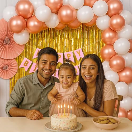 Image of Party Propz Happy Birthday Decoration Kit -52Pcs, Birthday Decoration Kit for Girls, Rose Gold Balloons, White Metallic Balloons, Happy Birthday Banner, Birthday Decor Items(Cardstock, latex)