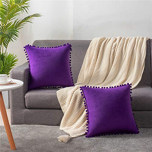 DEZENE Purple Velvet Pom-Pom Throw Pillow Covers #TOP18