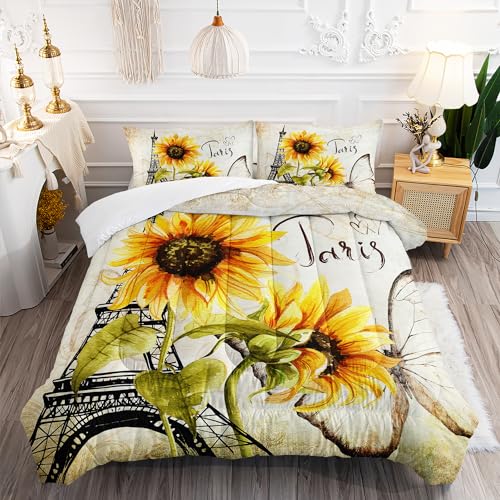 Image of AILONEN Sunflower Comforter Set Full Size,Sunflowers Butterfly Bedding Set,Paris Eiffel Tower Retro Comforter Sets, 1 Quilt and 2 Pillowcases