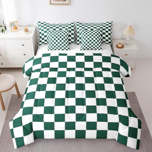 Image of Erosebridal Aesthetic Checkered Twin Bed in A Bag 7 Piece White Green Checkerboard Bedding Set,Buffalo Plaid Grid Comforter Set with Sheets for Kids Teen Adults Geometric Gingham Bed Set