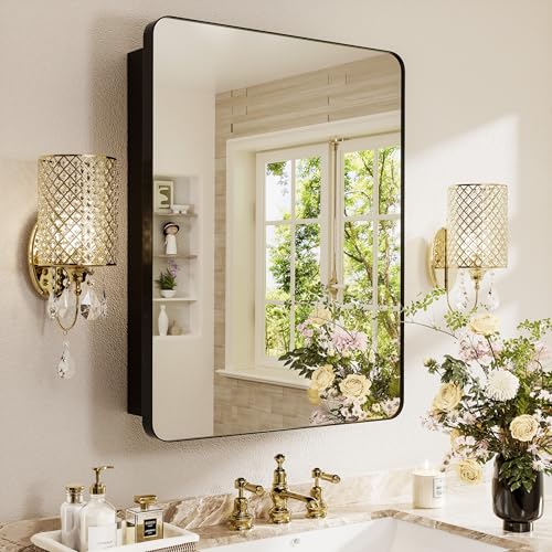 GoTiling Armoire Murale Salle de Bain avec Miroir: 40x60 cm Armoire Pharmacie de Toilette - Meuble Mural de Rangement avec Étagères Réglables - Cadre Noir...