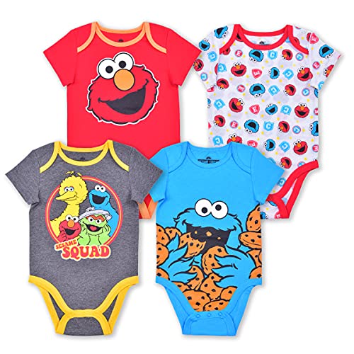 Image of Sesame Street Boys’ 4 Pack Bodysuit for Newborn and Infant – Blue/Red/Grey/White