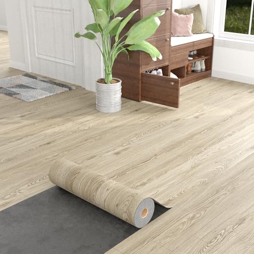 Oxdigi Rollo de vinilo para pisos, despegar y pegar, 24 x 393 pulgadas/64 pies cuadrados, calcomanía autoadhesiva de tablones de madera, resistente al desgaste, impermeable y fácil de cubrir el suelo
