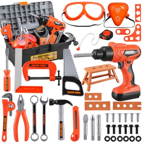 Kids Tool Set – Zealous 48 pcs Toddler Tool Set with Tool Box & Electronic Toy Drill, Pretend Play Kids Toys, Toy Construction Tools for Kids Ages 3,4,5,6,7,8 Years Old (A-Orange)