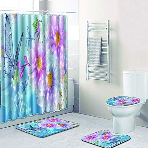 BILLY'S HOME Juego de alfombras de baño 4 Piezas, Juego de Cortina de Ducha con Estampado de Mariposas y tapete de baño a Prueba de Agua Tapetes de baño Alfombras para decoración de baños,I