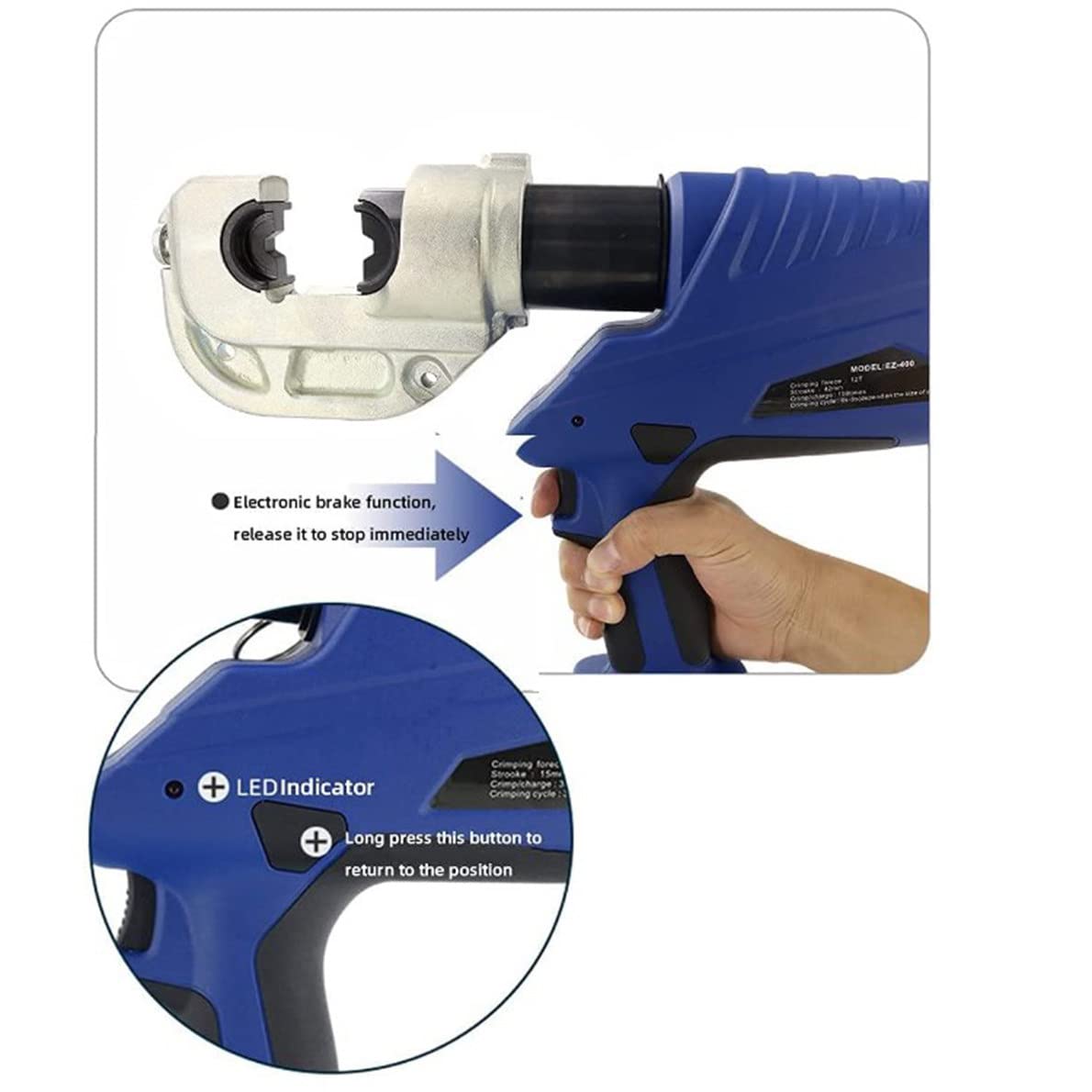 Pinza crimpatrice idraulica elettrica, 10-400 mm², alimentata a batteria, con 13 matrici, include 2 batterie da 4,0 Ah e caricabatterie per una potente crimpatura dei cavi
