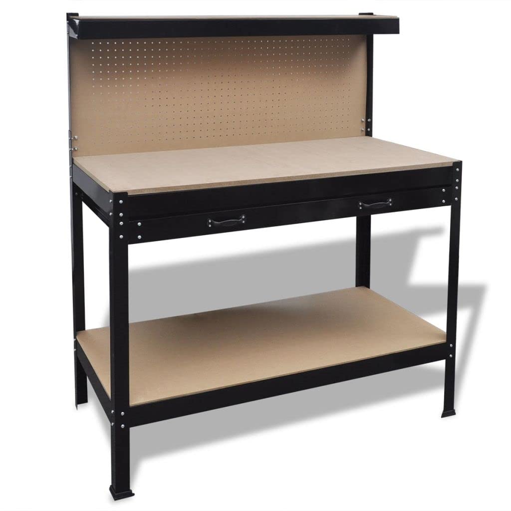 LAPOOH Werkbank mit Lochwand und Schublade, Werktisch, Arbeitstisch, Schweißtisch, Maschinenuntergestell,