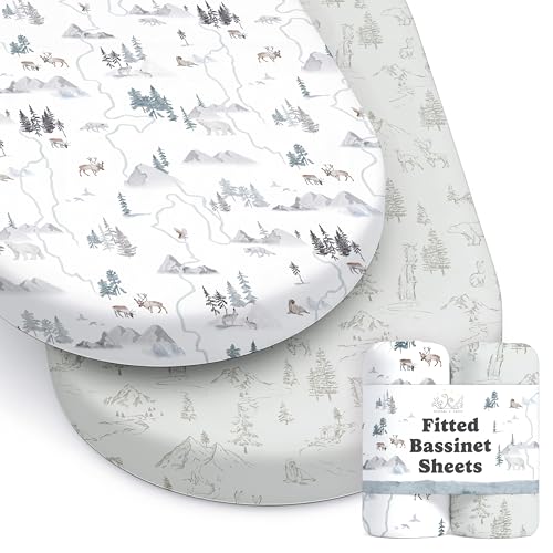 Image of Baby Bassinet Sheets for Boy, Girl (Arctic Journey) 2-Pack - Fitted Bedside Bassinet Sheets - Buttery Soft Cotton Blend for Standard Mattress Pad - Compatible with Halo BassiNest