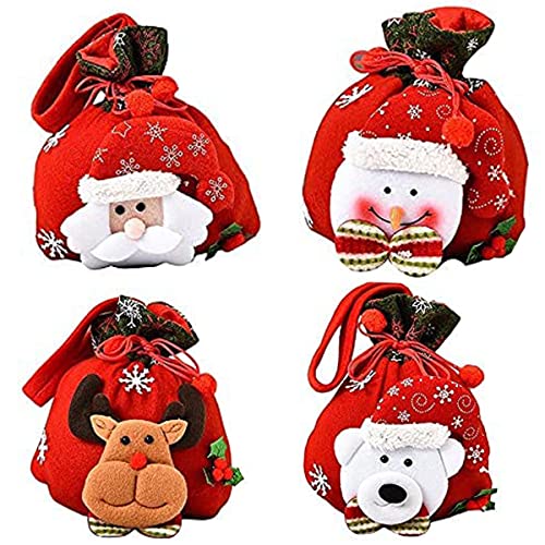BEKVÃ„MT Christmas Bags Drawstring Christmas Gift 4 Pack Xmas 3D Design Fabric Drawstring Bags for Candy Bags Treat Bags Apple Bags Doll Bag Santa Snowman Elk Bear Christmas Xmas Decorations