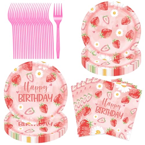 JESTAR Berry First Birthday Decor, Strawberry Party Decorations 96Pcs Plates, Napkins, Forks, Pink Strawberry Theme, Perfect for Birthday Parties, Baby Showers, Summer Events