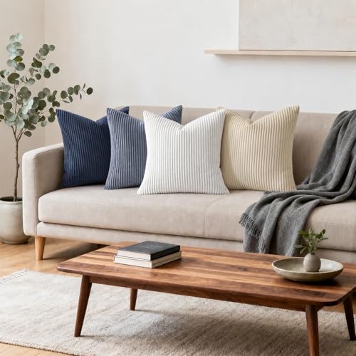 Image of Mecatny Corduroy Decorative Throw Pillow Covers 24x24 Set of 2 for Sofa Living Room, Soft Neutral Boho Couch Pillow Covers for Home Decor, Deep Blue