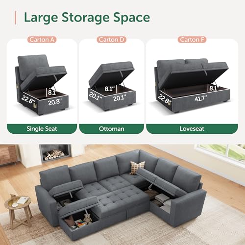 Image of HONBAY Modular Sectional Couch with Pull Out Bed Sleeper Sofa with Storage U Shaped Modular Sectional Couches for Living Room,Warm Bluish Grey