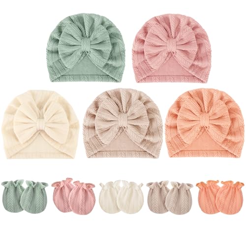 Image of BQUBO Baby Turban Hats and Mittens Set Newborn Infant Hospital Hats Caps with Bows for Baby Boys Girls 0-12 Months