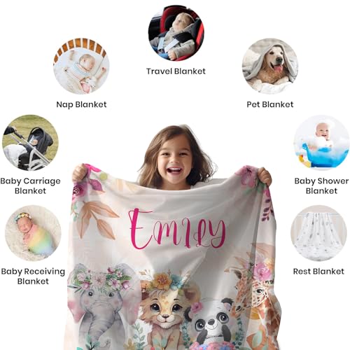 Image of Personalized Baby Blanket with Name, Custom Jungle Animal Blanket for Toddler Boys & Girls, Soft Cozy Newborn Baby Blanket, Customized Easter Throw Gifts for Kids, Nursery Decor