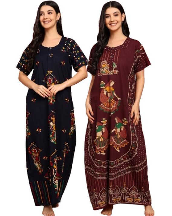 pitinan Pure Cotton Embroidered Nighty for Women | Maxi Night Gown | Jaipuri Cotton Nightdress with Pocket & Adjustable Knot | Comfortable Sleepwear-picture-26