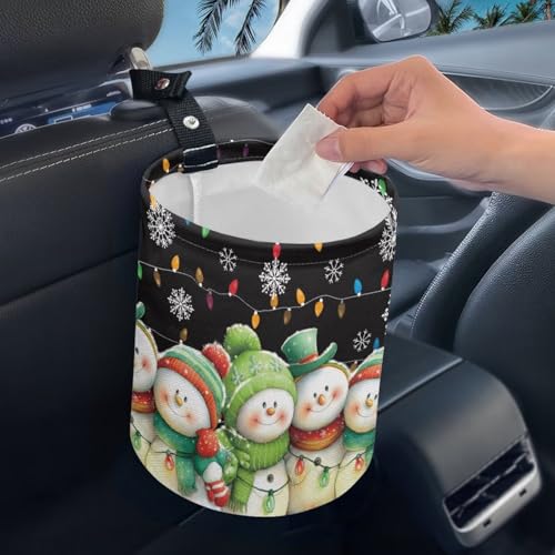 Image of Christmas Snowman Cute Car Trash Can Reusable Foldable Hanging Portable Dustbin Bin for Back Seat, Front Console, Floor, or Hanging Headrest Waste Basket