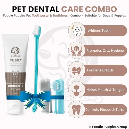 Image of Foodie Puppies Pet Dental Oral Care Combo of Toothbrush and Toothpaste - (3Pcs Toothbrush + Chicken Toothpaste, 100gm) Enriched with Baking Soda Soothes Inflame Gums and 3Pcs Toothbrushes