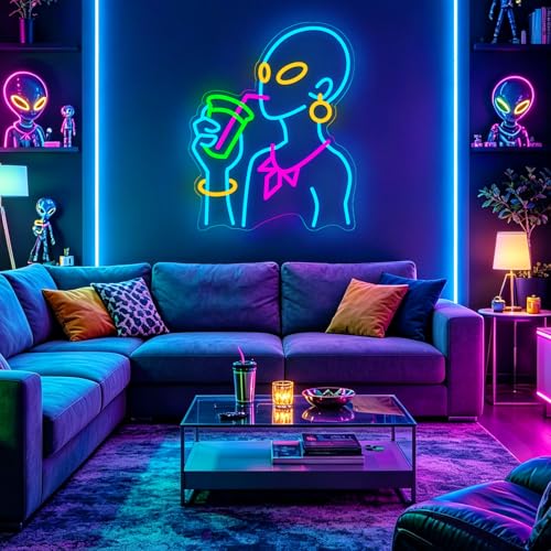 Image of Drinking Neon Signs for Wall Decor, Boho Figure LED Wall Art for Home Bar Decor, USB Dimmable Neon Lights, Housewarming, Birthday, Christmas Gift (Alien Blue)