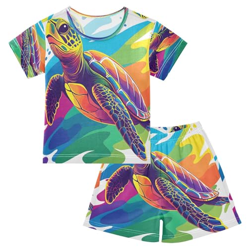 ALAZA Rainbow Sea Turtle Splash Pajamas Set Short Sleeve Cotton Sleepwear Summer Pjs 2 Piece 5-14Y