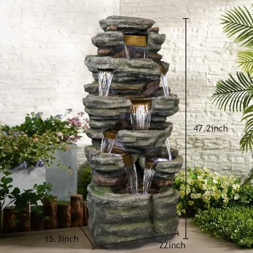 Image of SunJet 47.2 inch High Cascading Rock Outdoor Water Fountain with LED Lights - Large Outdoor Resin Fountains and Waterfalls for Garden or Patio, Yard, and Deck Decor, Featuring Natural Stone Look