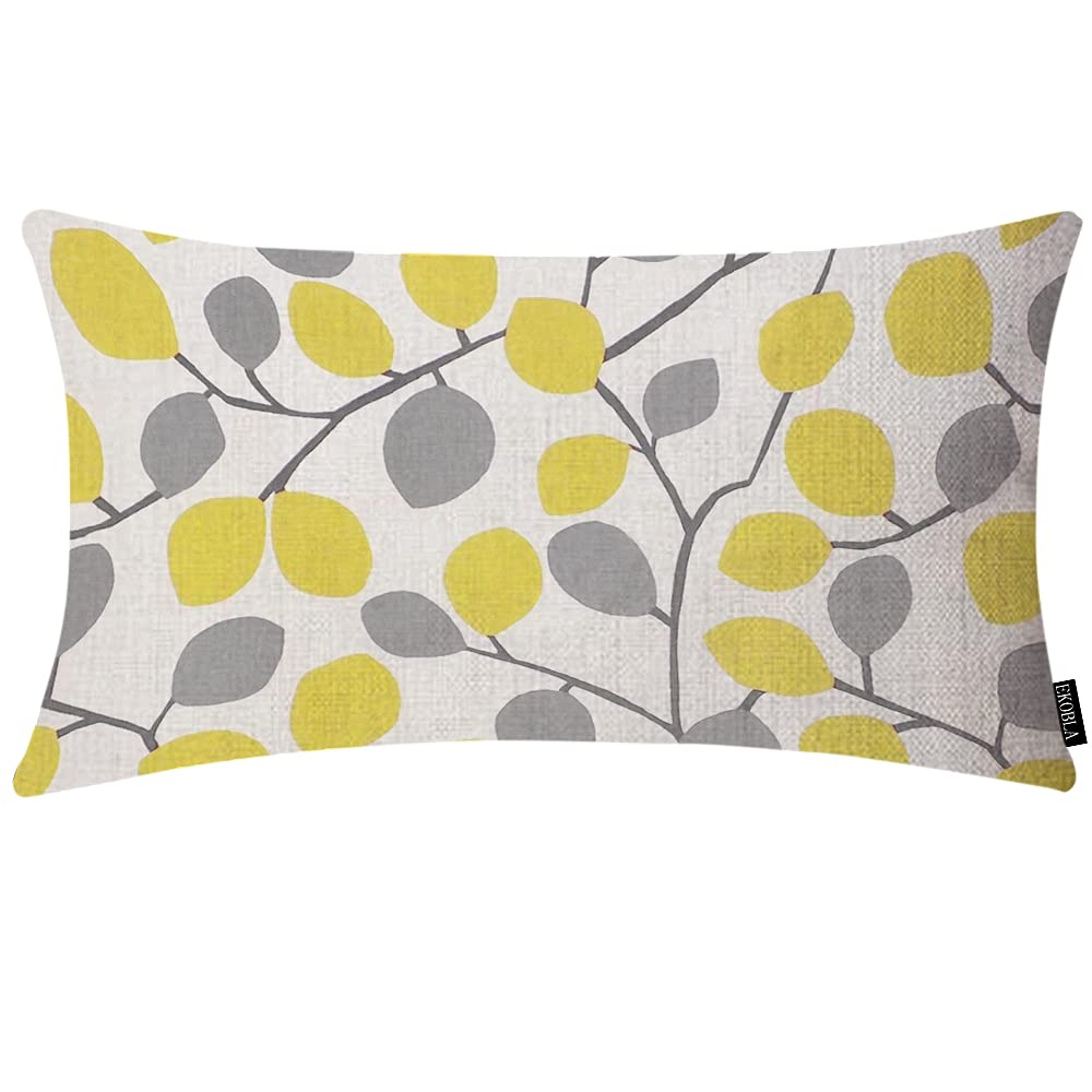 EKOBLA Lemon Tree Pillow Covers Tropical Fruits Yellow Grey Leaves Waist Lumbar Cotton Linen Cushion Cover Oblong Rectangle Pillowcase for Men Women Home Decoration Bedroom 12x20 Inches