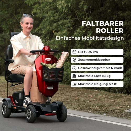 Scooter de movilidad MAX PLUS rojo para mayores, motor 300 W, autonomía 25 km, carga 136 kg, asiento 360°, LED, neumáticos 9 pulgadas