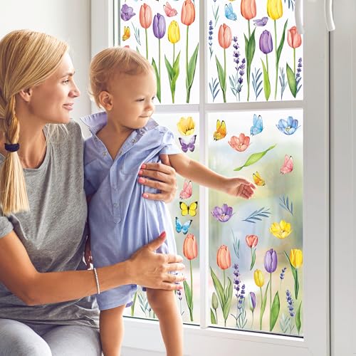 Image of 210PCS Spring Window Clings, 9 Sheet Spring Window Clings for Glass Windows with Tulip Flowers Butterfly, Double-Side Decals Stickers Decorations for Home Office Decor