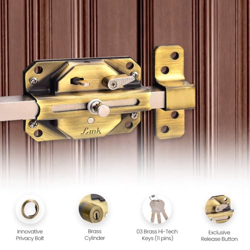 Image of Link Sparta 6 Turn Door Lock - Brass Cylinder with 3 Hi-Tech Keys, Main Door Lock, Double Door Compatibility (Antique Brass)
