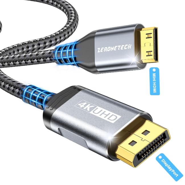 DisplayPort to Mini HDMIケーブル 0.45M、4K@60Hz UHD、デスクトップ、ノートPC、AMD、NVIDIA、ポータブルモニター、ARZOPA、プロジェクター、ミニPC対応 DP-Mini HDMIユニ方向ナイロン耐曲げケーブル