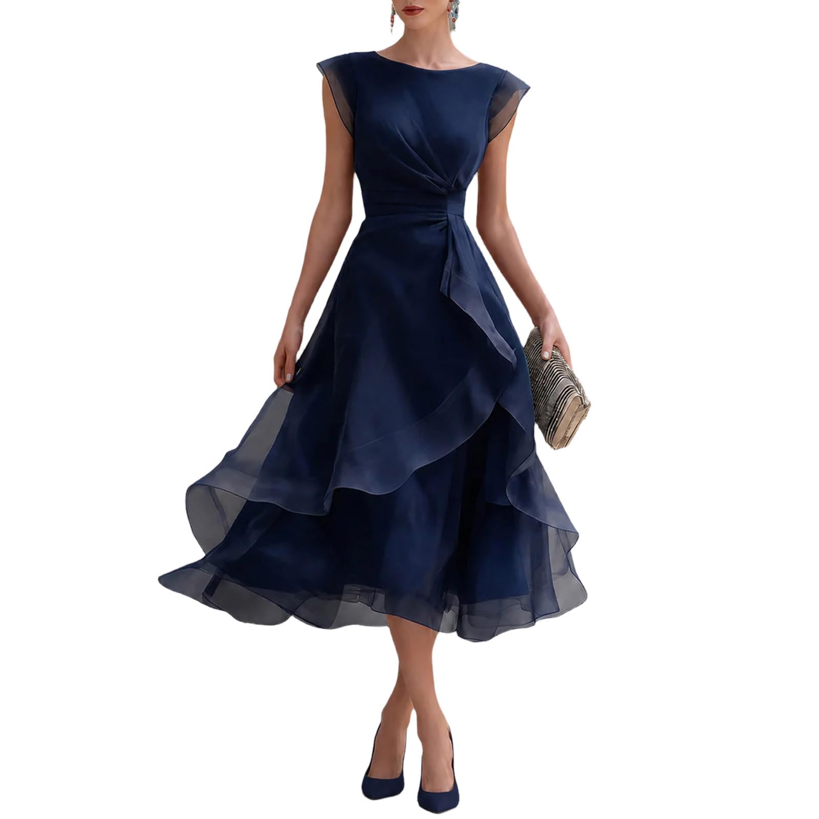 Générique Robe Ete Femme Robe Midi Mousseline Manches Papillon Taille Haute Volants Asymetriques Robes Cocktail Coupe A Line Chic pour Mariage Fete Plage Vacances
