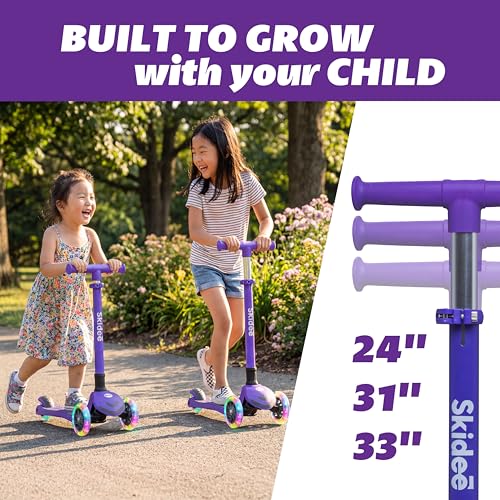 Image of SKIDEE Kick Scooter for Kids Ages 3-5 | Foldable 3 Wheel Scooter with Lean-to-Steer, Adjustable Height, Removable Seat & LED Light Wheels | Toddler Scooter Up to 12 Year Old Boys /Girls