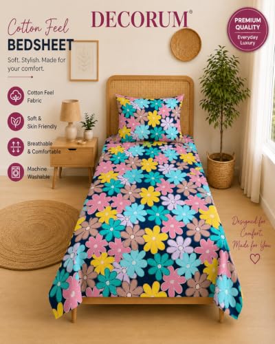 Image of DECORUM Glace Cotton Single Bedsheet with 1 Pillow Cover | Soft, Durable, Lightweight & Skin-Friendly Fabric| Suitable for Single /Diwan Bed Size