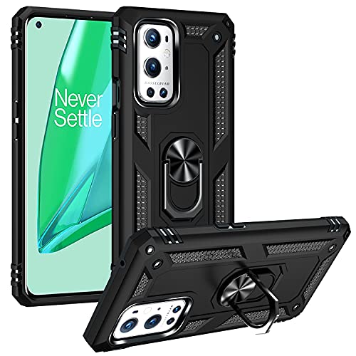 Dionsibei Military Grade Drop Impact for Oneplus 9 Pro Case Oneplus 9 Pro 5G Case 360 Metal Rotating Ring Kickstand Holder Armor Heavy Duty Shockproof for Oneplus 9 Pro Phone Case (Black)