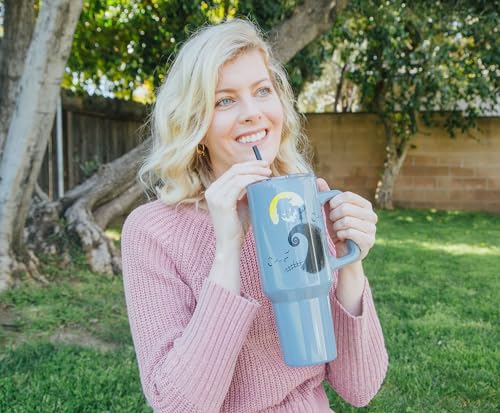 Image of Silver Buffalo Disney Nightmare Before Christmas Featuring Oogie Boogie, Jack Skellington, and Sally Double Walled Stainless Steel Tumbler with Handle and Straw, Fits in Standard Cup Holder, 40 Ounces