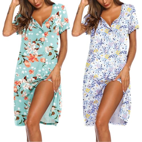 Image of Ekouaer 2 Pack Nightgowns for Women Button Down Night Shirts Short Sleeve Sleep Shirts V Neck Sleepwear Pajama Dress