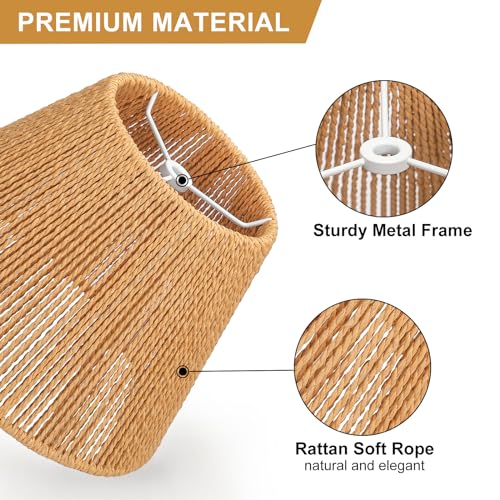 Small Rattan Lamp Shades Set of 2, Boho Lamp Shades for Table Lamps, 5.5" Top x 10" Bottom x 6.6" High, Wicker Lampshade Replacement for Bedroom, Hand Woven, Spider, Bulb Clip Adapters Included by Seaside village - Used condition - Image 2
