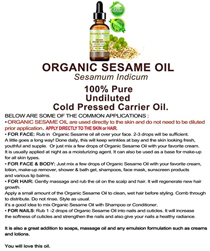 Botanical Beauty Organic Sesame Oil, 100% Pure/Undiluted/Cold Pressed. 2Oz -60 Ml. For Face, Hair And Body. #TOP6