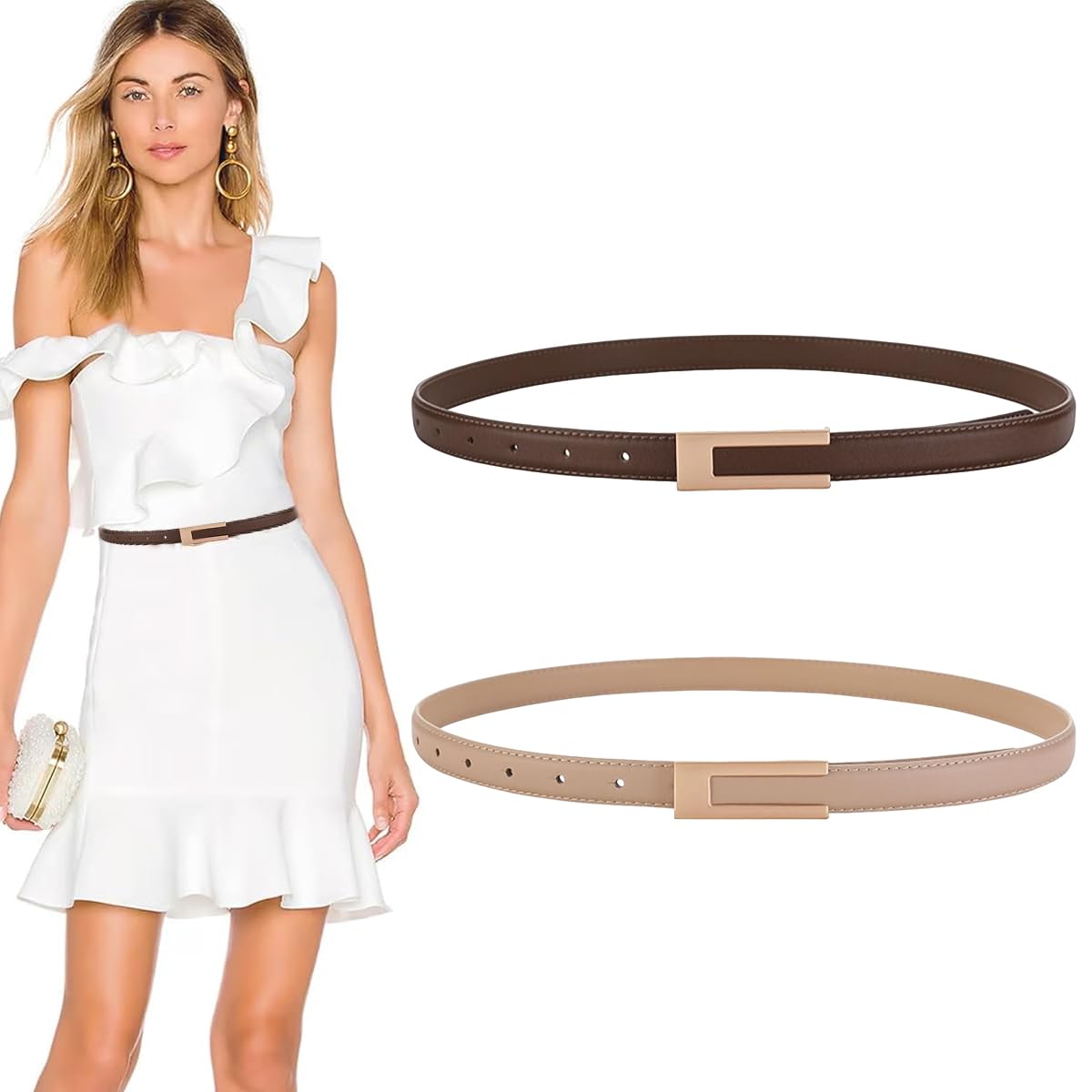 2pcs Waist Belt for Women Black & Brown Belts for Women, Skinny PU Leather Women Belt, Minimalism Gold Buckle Ladies Belt for Women Jeans, Dresses, Pants - Khaki & coffee-image-28