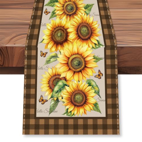 WADORN Camino de mesa de girasol a cuadros, 13 x 72 pulgadas, primavera, verano, flores, cocina, comedor, decoración de mesa de granja, caminos de mesa para el hogar, cocina, vacaciones, fiestas