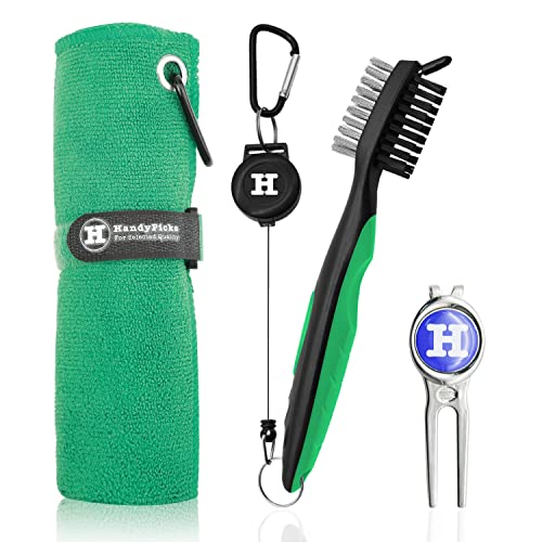 Toalla de golf de microfibra con mosquetón, cepillo de palo, herramienta de reparación de divot de golf con marcador de pelota, accesorios de golf, ideal para golfistas 3 en 1, Paquete de 3, Verde Cover