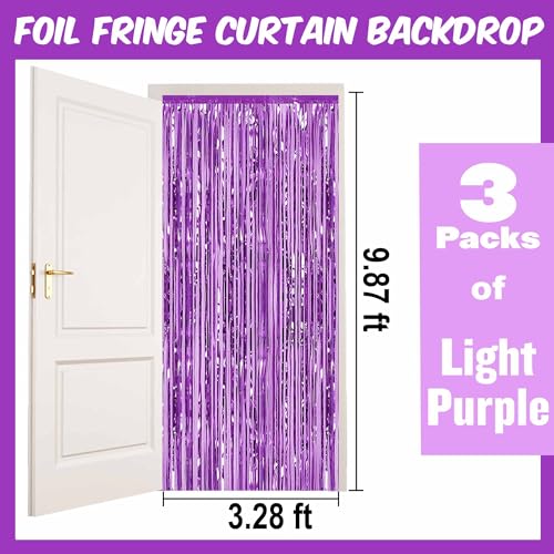 Image of 3 Pack Light Purple Foil Fringe Curtains Backdrop, 3.28 x 9.8 Ft Metallic Streamers Tinsel Curtains Background for Photo Booth, Birthday, Halloween, Christmas, Thanksgiving, New Year Party Decorations
