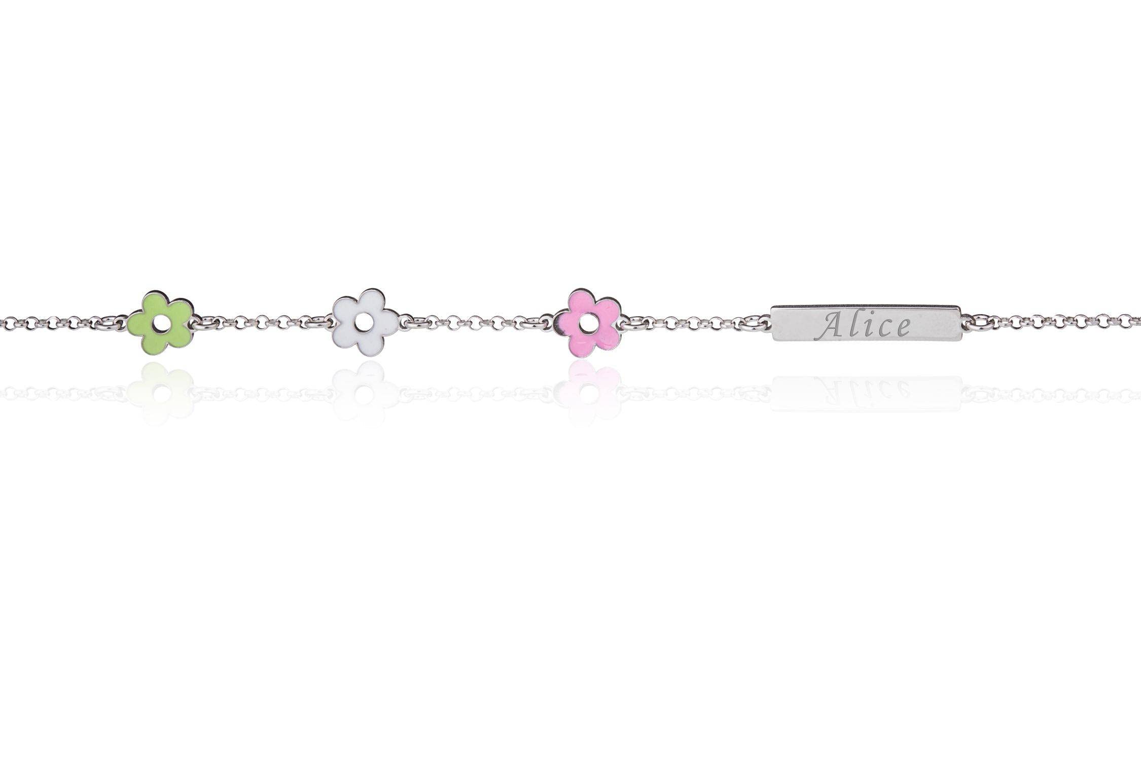 Sakrami Bracciale in Argento 925 Bimba Personalizzabile con Nome Tre Fiorellini Smaltati Colorati Kids Collection + Confezione Regalo Personalizzata - Braccialetto per Nascita Comunione o Battesimo