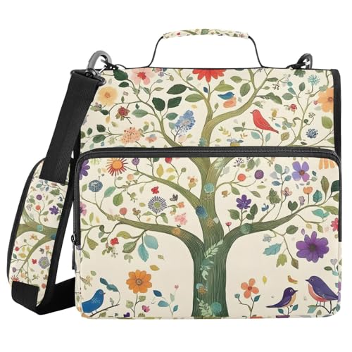Image of 3 Ring Zipper Binder with Shoulder Strap Tree Life Birds Floral 1.5 inch Binders Keeper Large Capacity Multi Pockets for School Office Supplies