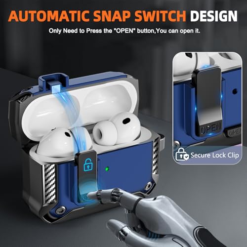 Image of for AirPods Pro 3 Case with Lock & Phone Stand(Blue) | Automatic Snap Switch Lock,Carbon Fiber Texture Design Cover with Cleaner Kit