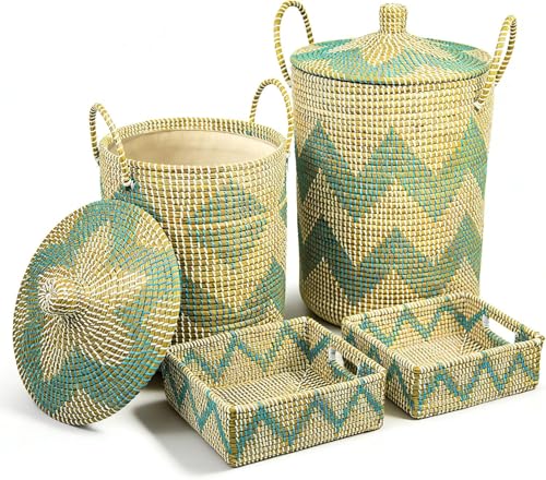 Vietnam Lot de 4 grands paniers à linge en jonc de mer naturel 58 l + 40 l - Panier de rangement Vietnam fabriqué à la main avec poignées et sacs à linge...
