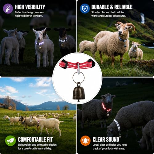 Image of 5 Pack Reflective Goat Collars with Bells, Adjustable Nylon Collar Set and Horse Sheep Grazing Copper Bells Pet Anti-Lost Loud Bronze Bell for Small Farm Animal Goat Sheep Cow Accessories
