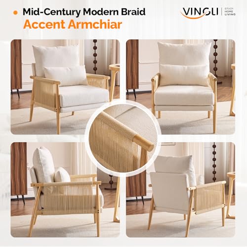 VINGLI Boho Braid Accent Armchair,Mid-Century Modern Chiar with Solid Wooden Armrest,Comfy Louge Cushion Chair with Waist Pillow for Bedroom,Living Room,Reading Room, Beige - Image 3