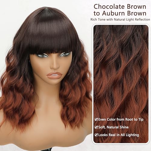 Image of Nnzes Auburn Wigs for Women,Synthetic Short Curly Wig with Bangs 16 Inch | Natural-looking heat-resistant fiber, soft comfortable wear, beginner-friendly for daily, party & cosplay.